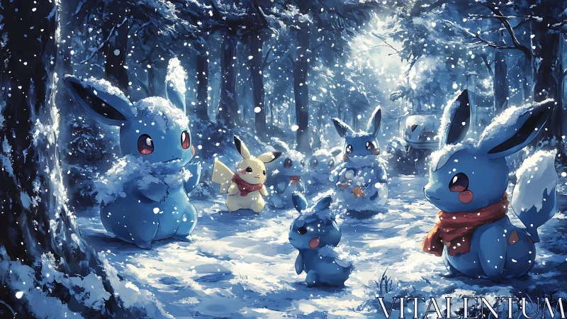 Snow-kissed forest critters staging a moonlit winter festival.