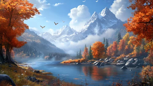 Digital painting of alpine lake within radiant autumn valley.