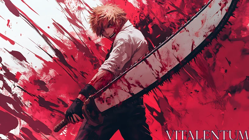 Blood-soaked warrior steadies his massive blade in crimson fury