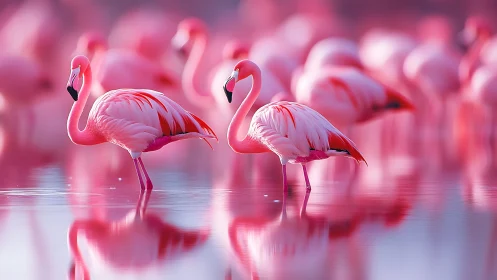 Pink flamingos in mirrored lake with soft bokeh glow.