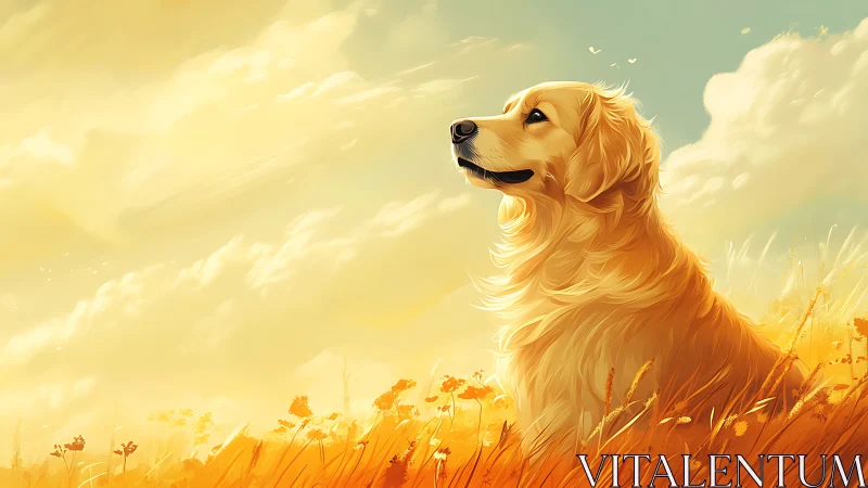 Golden retriever in warm sunset meadow digital painting.