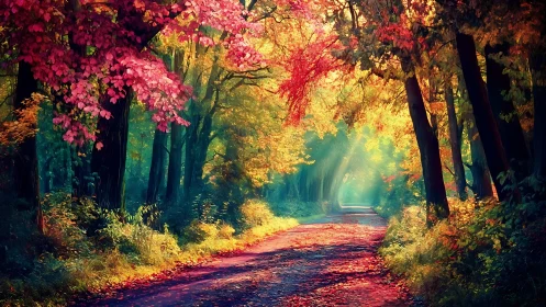 Luminous forest canopy tunnel with vivid autumnal foliage and atmospheric light rays.