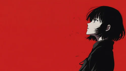 Profiled anime figure against saturated red negative space.