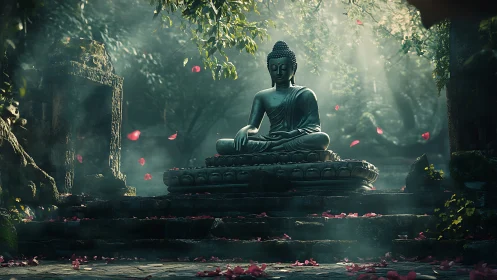 Serene Buddha statue in misty forest temple ruins at dawn.