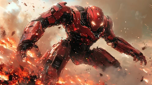Armored red mech descends through molten battlefield fire.