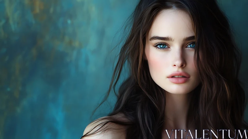 Portrait of blue eyed brunette against teal textured backdrop.