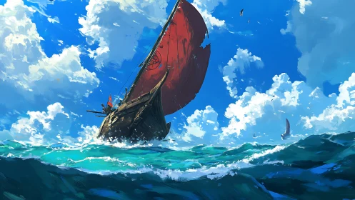 Dynamic seascape digital painting of red-sailed wooden ship.
