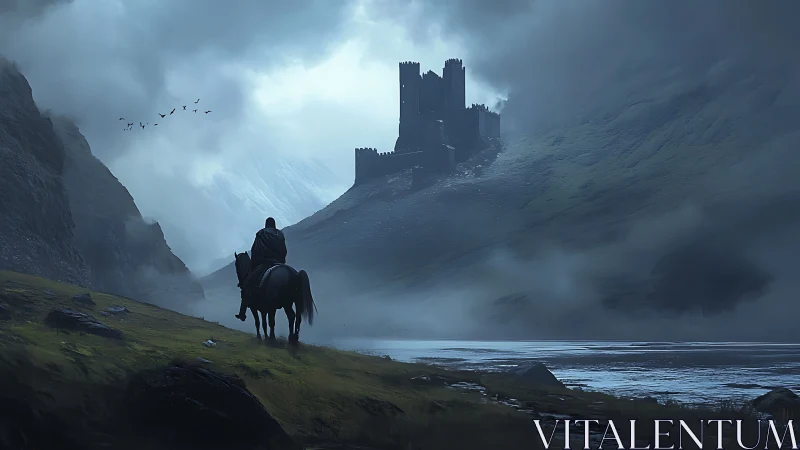 Lone rider nears mist-wrapped mountain fortress at dusk.