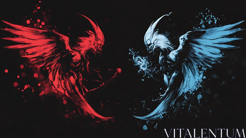 Dual elemental demon angels locked in dynamic combat tableau.
