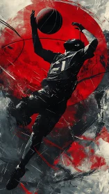 Basketball player drives toward hoop amid red storm.