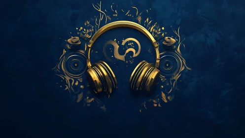 Golden over-ear headphones encircle stylized heart icon