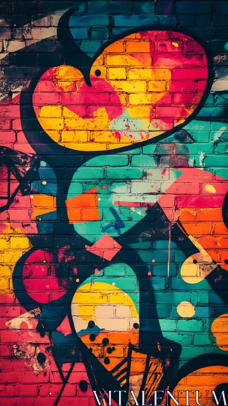 Layered neon graffiti abstraction on textured brick wall.