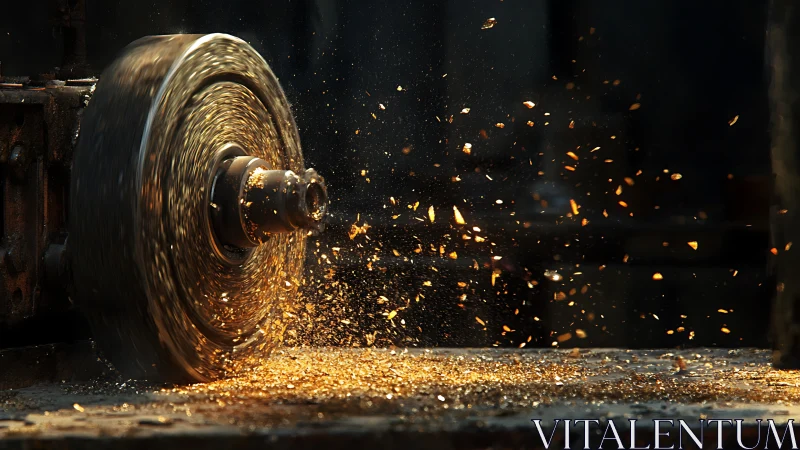 Golden sparks dance around a spinning industrial grinder.