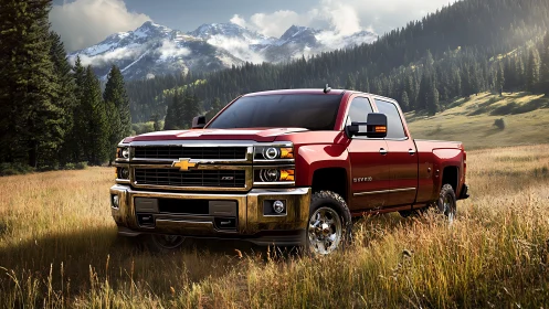 Photorealistic red pickup truck in alpine meadow setting.
