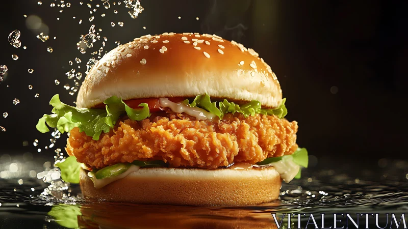 Golden-Crusted Fried Chicken Sandwich with Dynamic Liquid Motion.