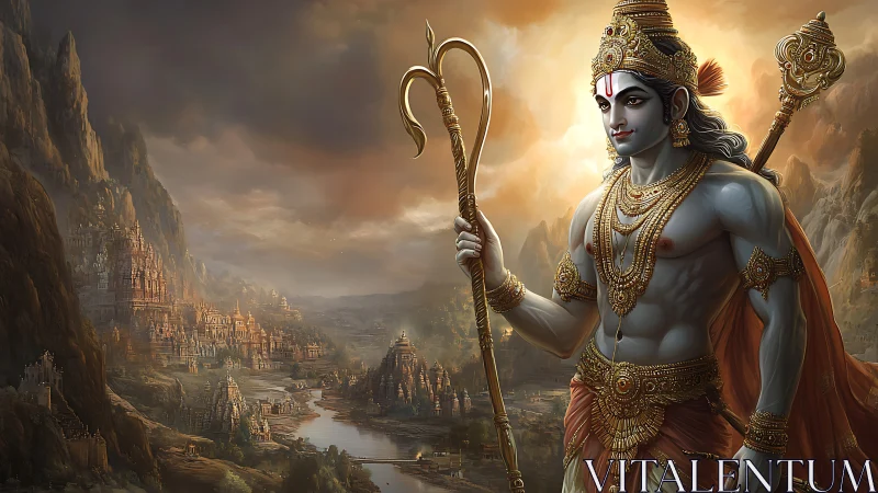 Divine blue-skinned warrior deity over mythic river kingdom