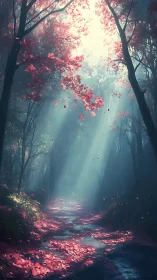 Luminous Forest Path Through Blooming Trees Digital Composition.