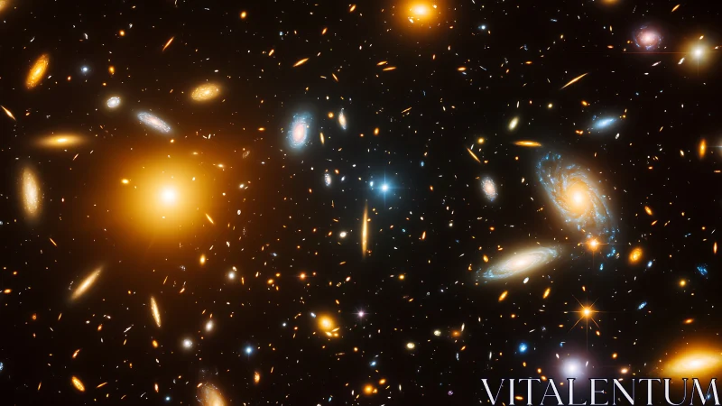 Dense galaxy cluster field with bright orange and blue light.