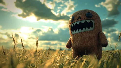 Furry monster roams a sunlit wheat field at golden hour.