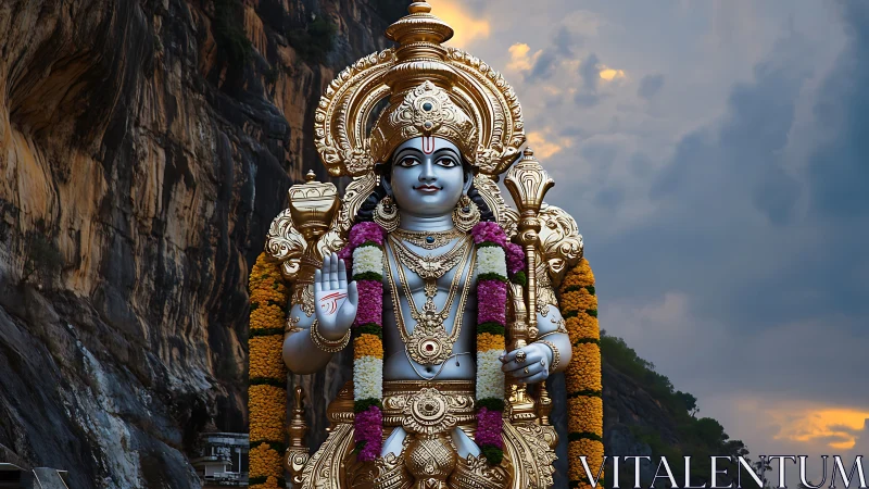 Golden Hindu deity statue glows against dramatic mountain sky.