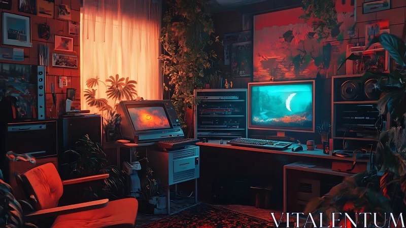 Moody retro workstation glows with neon screens and plants