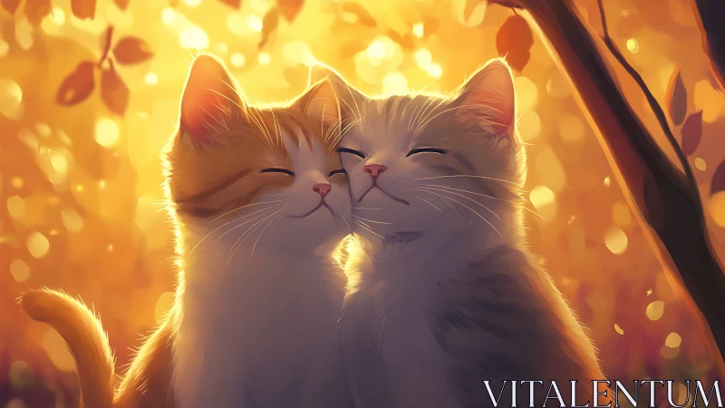 Luminous Feline Pair in Autumn Bokeh: Digital Rendering Study.