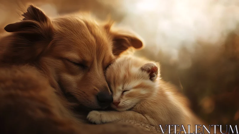 Golden Hour Slumber: Canine Tenderness Meets Kitten Comfort.