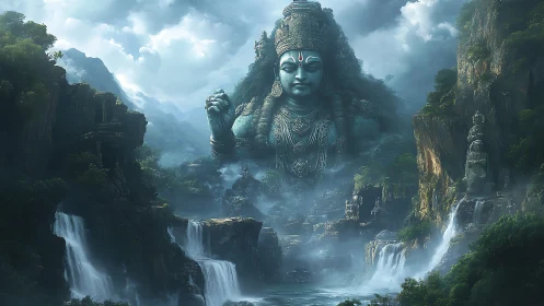 Colossal verdigris deity emerging from mist-laden waterfall canyon.