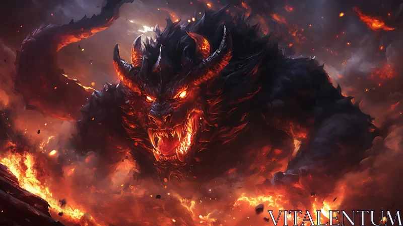 Infernal horned demon emerging from molten volcanic inferno