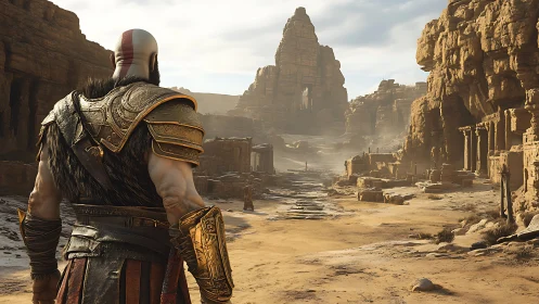 Armored warrior surveys vast desert canyon ruins at dusk.