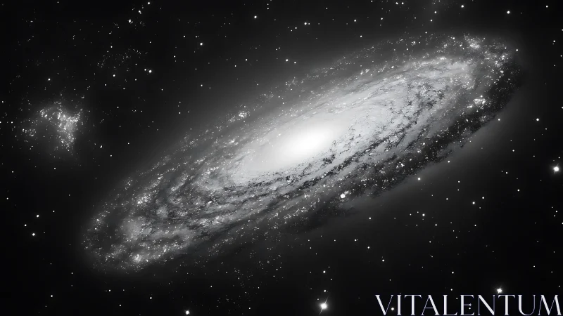 Spiral galaxy halo in monochrome deep space study.