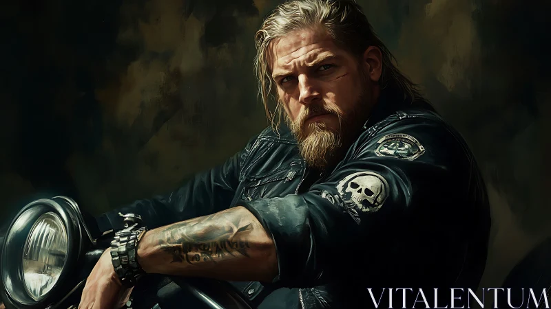 Road-weary rebel rider brooding beneath storm-dark skies.