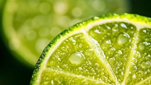 Macro study of fresh lime slice with dewy translucent pulp.