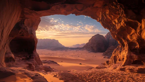 Rock cave frames sunlit desert valley with distant mesas