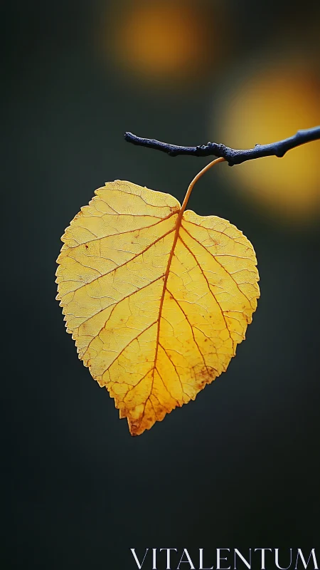 Golden autumn leaf glows softly against dark bokeh background.