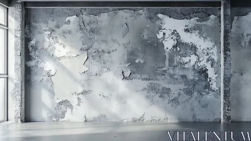 Peeling concrete wall with soft window light and shadows.