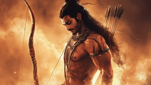 Digital painting of mythic archer in radiant chiaroscuro focus.