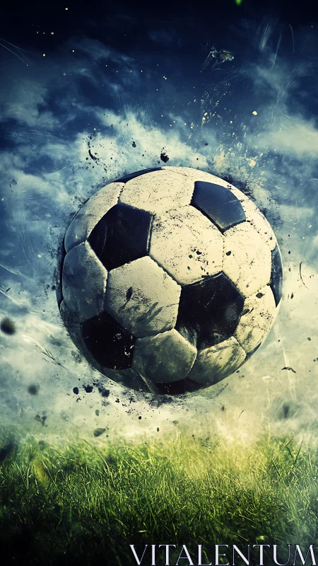 Dynamic close-up of worn soccer ball over grassy field.