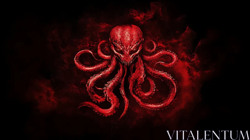 Sinister crimson octopus skull swirls through dark red mist