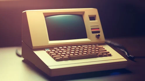 Vintage desktop computer terminal sits on dark wooden desk
