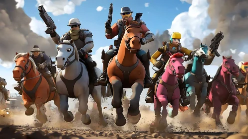 Colorful riders charge forward in a playful desert showdown.