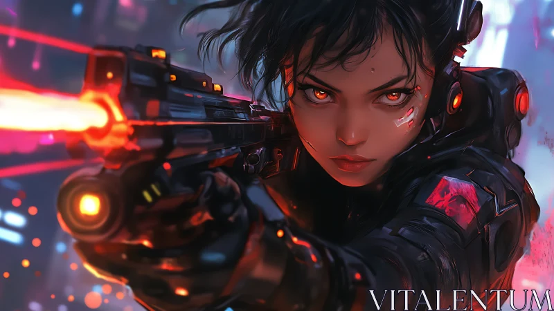 Cybernetic agent aims energized plasma pistol in neon-lit combat