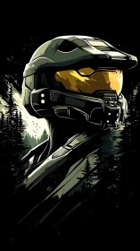 Armored helmet profile in stylized conifer forest setting.