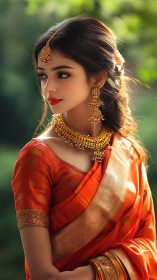 Woman in orange silk saree with gold jewelry outdoors.