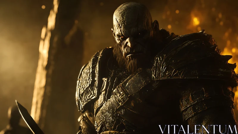 Battle-scarred orc warlord in molten backlight, detailed armor