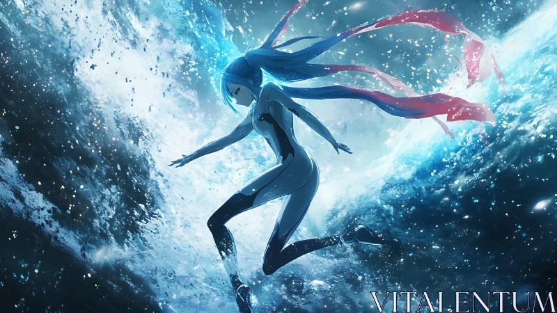 Cyan-haired diver slices cosmic surf with scarlet ribbons.