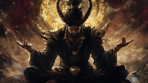 Horned dark sage in radiant golden arcane meditation.