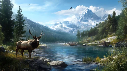 Majestic elk overlooks serene alpine lake and snowy peaks.