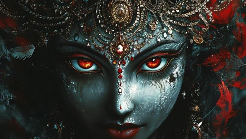 Digital painting portrait of jeweled crimson-eyed goddess visage.