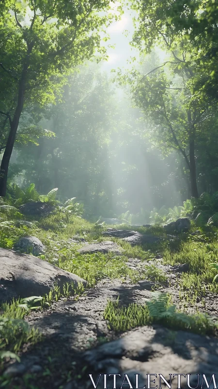 Misty Forest Pathway with Dappled Sunlight Through Canopy.